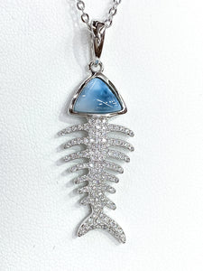 Intricate Blue Larimar Gemstone & White Zircon Fish Pendant