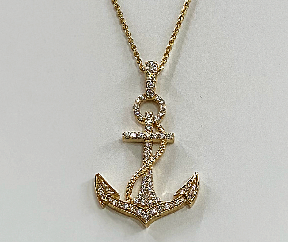 14K Gold Anchor Pendant With 1 Ct Diamonds Silver and Gold Key