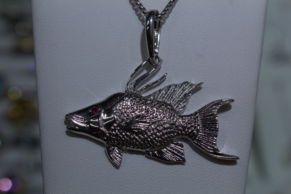 Large Sterling Silver Hogfish Pendant with Ruby Eye Silver and Gold