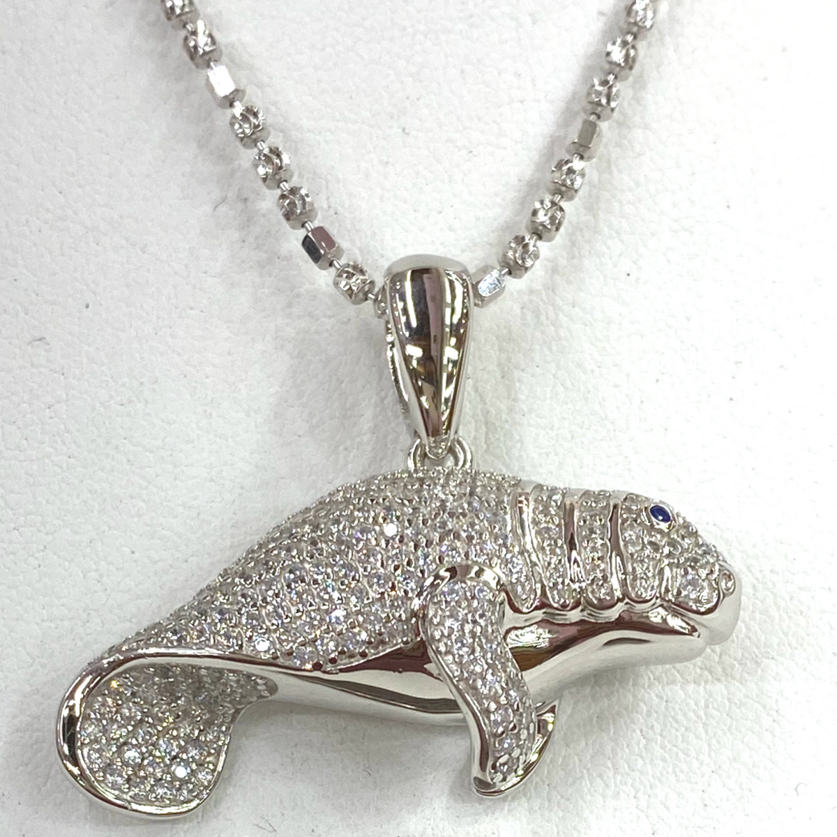 Sterling Silver Manatee with Carico Lake Turquoise cabochon Pendant on 24