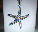 Hypoallergenic starfish pendant featuring real opal gemstones in shades of blue, pink, green, and white.