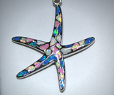 Hypoallergenic starfish pendant featuring real opal gemstones in shades of blue, pink, green, and white.