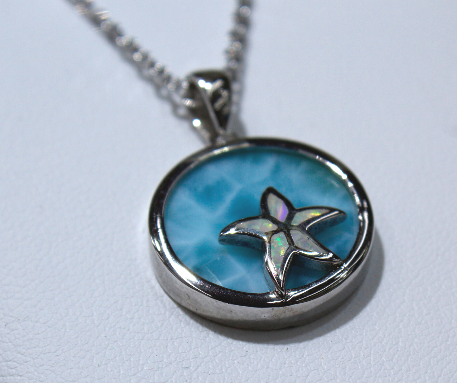 White Lab Opal Starfish And Larimar Pendant – Silver and Gold