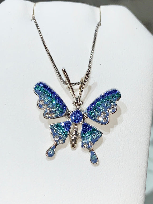 Sparkling Butterfly Necklace Blue and Green Gemstones
