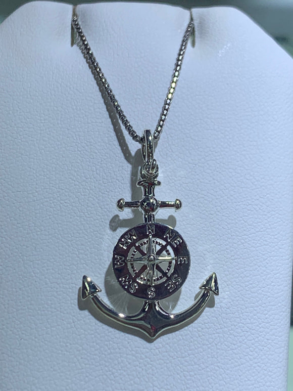 Anchor Necklace with Compass, Sterling Silver
