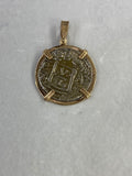 Back: Reverse view of Atocha shipwreck silver 1 real coin pendant with 14K gold frame and bail