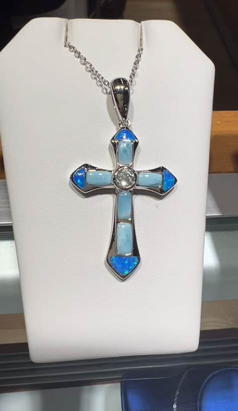 Sterling Silver Opal and Larimar Cross Necklace