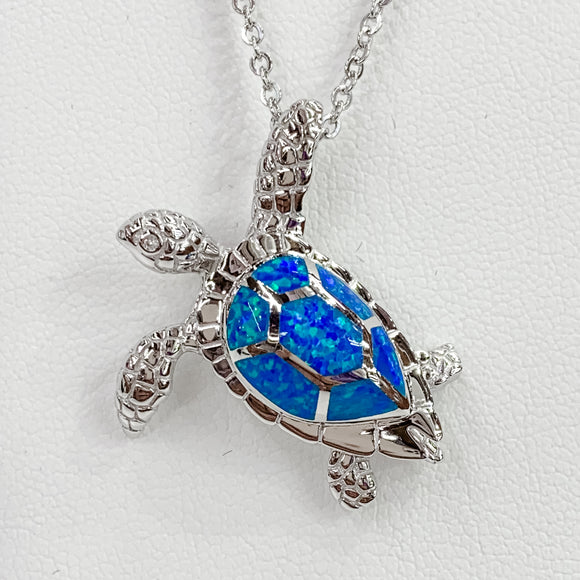 Bright Sterling Silver Turtle Necklace Pendant with Blue Opals in Turtle shell