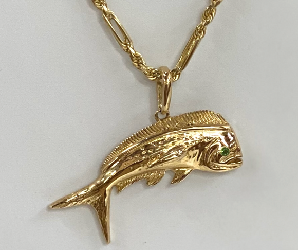 Bright 14K Gold Dolphin Fish With Emerald Eye