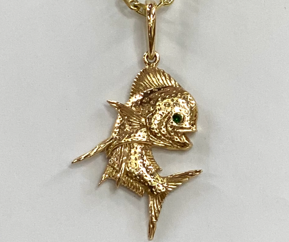 Jumping 14K Gold Dolphin Fish With Emerald Eye