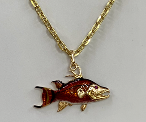 Stunning 14K Gold Hogfish Topped With Dark Red & Black Enamel
