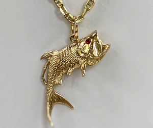 14K Gold Jumping Open Mouth Tarpon with Fierce Red Ruby Eye