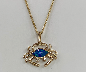 14K Gold Crab Necklace With Opal Inlay