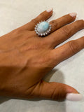 Oval Larimar Ring in Sterling Silver with White Cubic Zircon