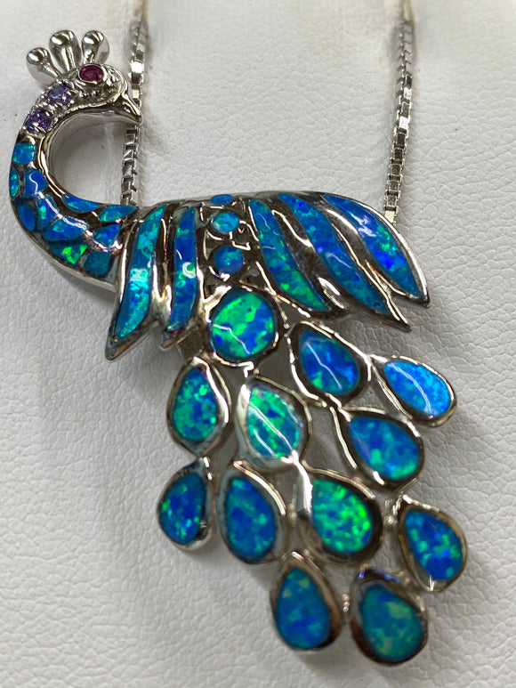 Iridescent Green and Blu Opal Peacock Necklace