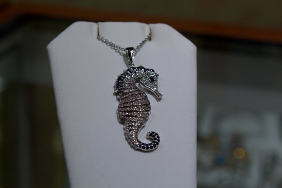 Sterling Silver Seahorse With Lab Sapphire And White Zircon