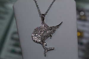 Sterling Silver Sailfish Pendant Covered in White Zircon