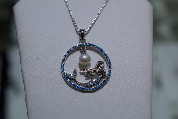 Sterling Silver Mermaid Within Blue Topaz & Hanging White Pearl