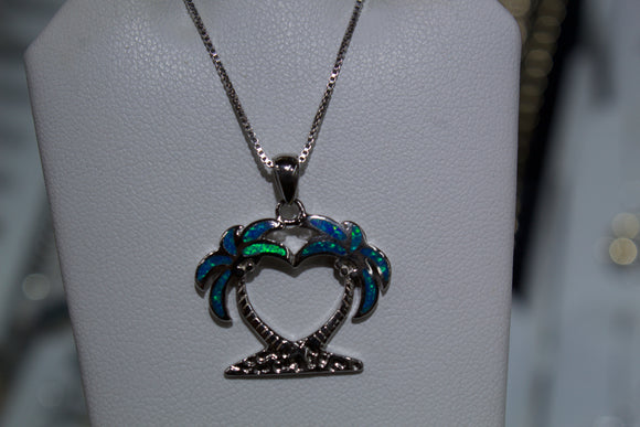 Blue and Green Opal Necklace with two palm trees