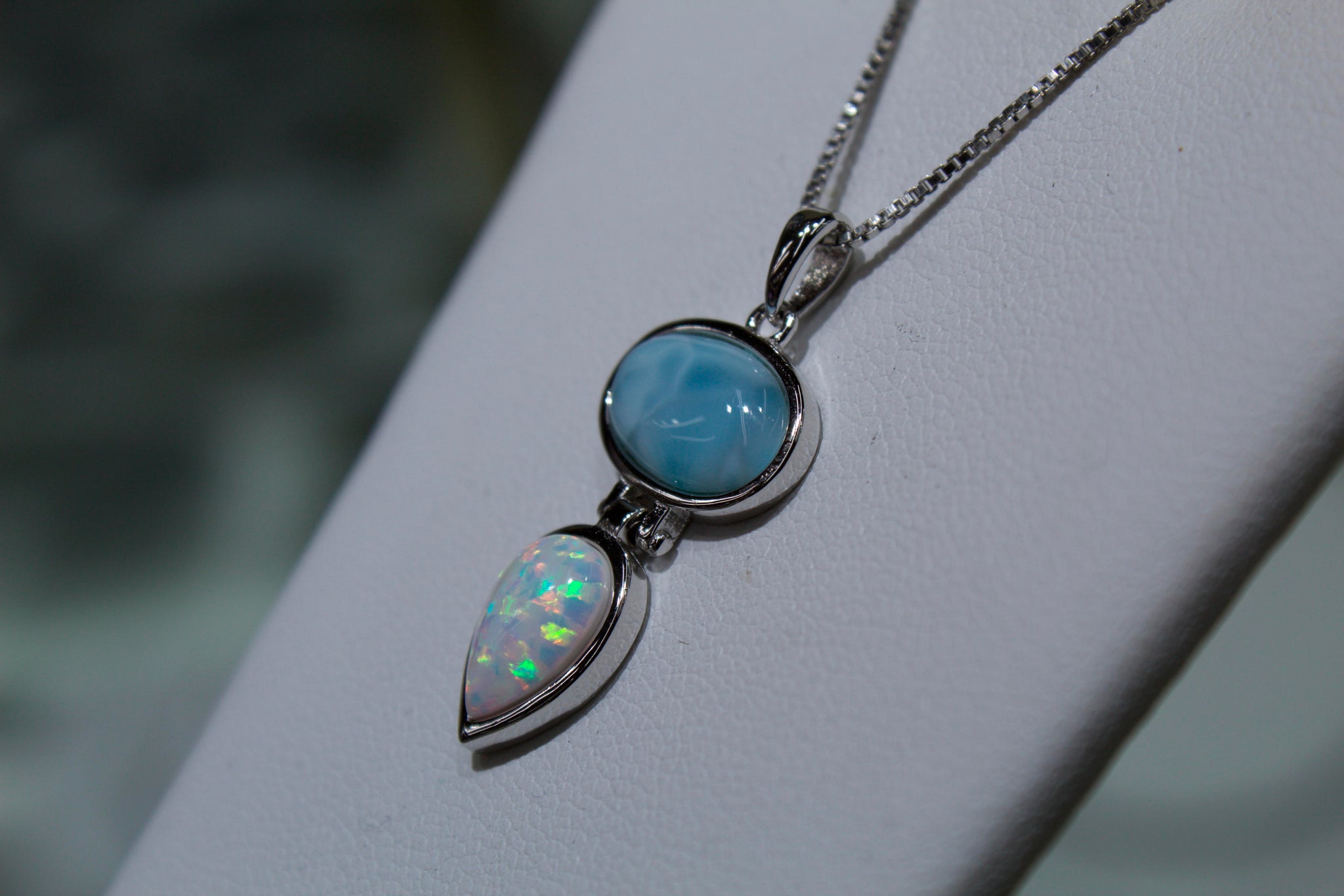 Blue Larimar Oval and Teardrop Opal Pendand Necklace – Silver and