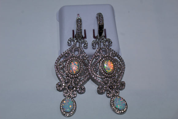 Brilliant & Elegant White Opal Earrings With White Zircon & Blue Larimar Over Stones