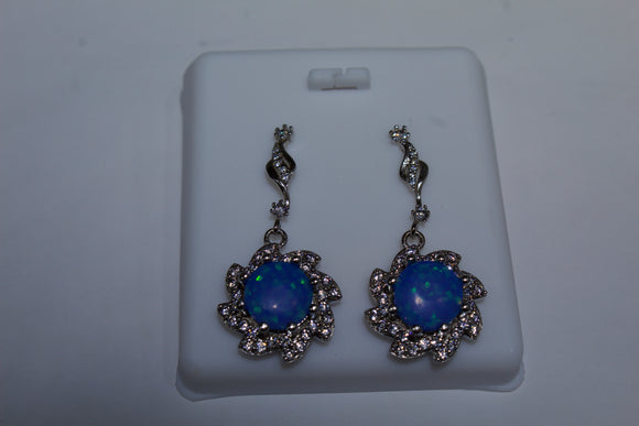 Blue Opal Earrings, Dangling, With White Cubic Zirconia Flairs
