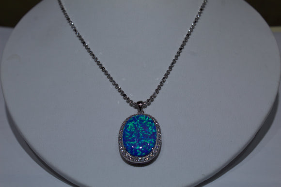 Large Blue Opal Stone Necklace With White Topaz