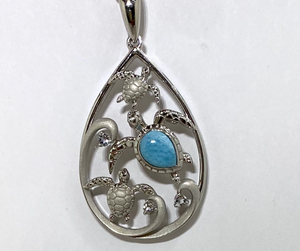 Real Sterling Silver Chain Sea Turtle Designed In Tear Drop With Ocean Waves And Larimar
