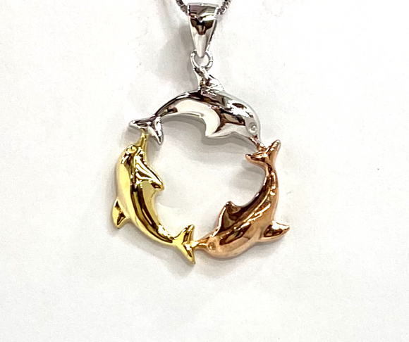 Tri-Color Silver Playful Dolphin Circle Pendant