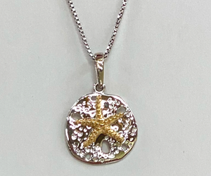 Shiny and Bright Sand Dollar in White Gold WIth Yellow Gold Starfish 
