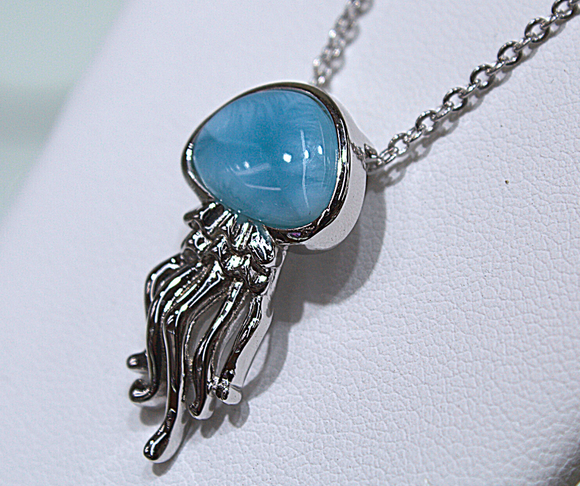 Cute Sterling Silver Jellyfish with Blue Larimar Stone Inlay