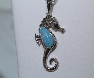 Sterling Silver Seahorse with blue larimar gemstone in center