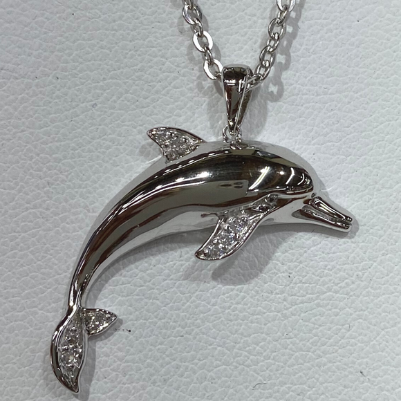 Sterling Silver Medium Dolphin Pendant With White Zircon