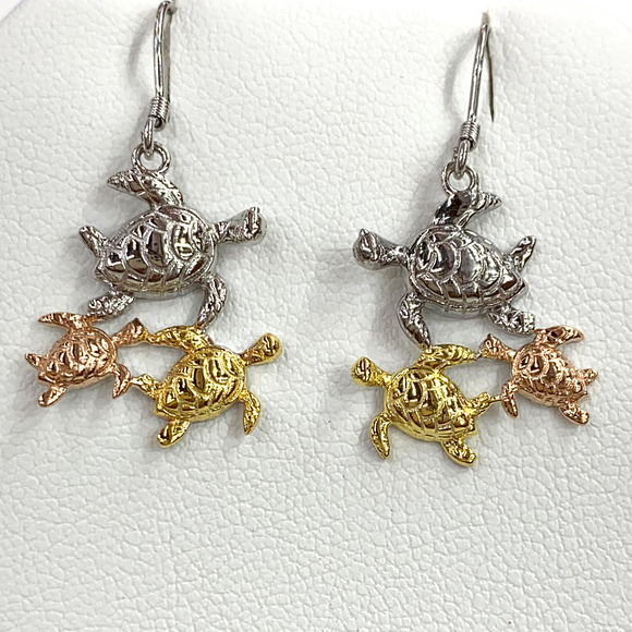 Sterling Silver Highly Polished Yellow/Rose Gold Flashed Turtle Earrings