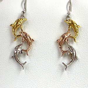 Tri Color Silver Highly Polished Dangling Dolphin Earrings