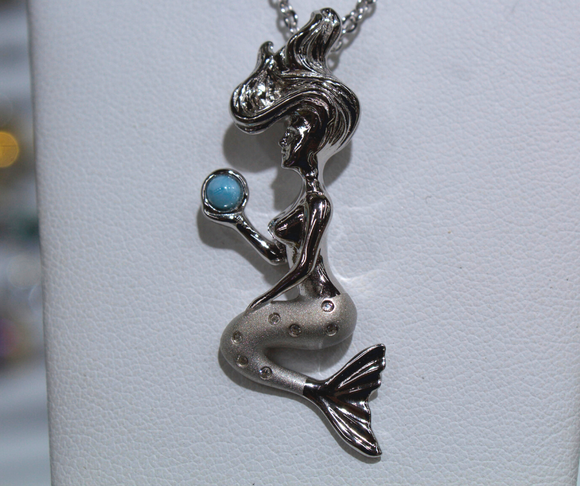 Unique Sterling Silver Sitting Large Mermaid Holding Blue Larimar