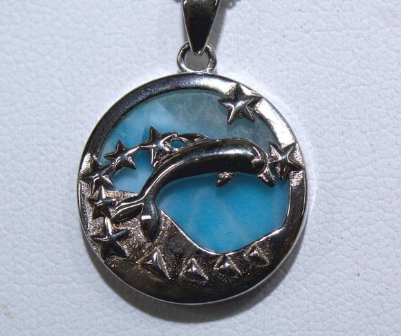 Beautiful Sterling Silver Jumping Dolphin with Blue Larimar Stone Inlay