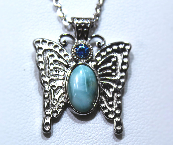 Square Small Butterfly Necklace with Larimar and Blue Topaz Gems