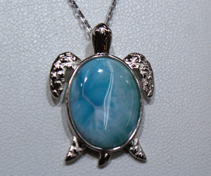 Large Turtle Necklace with Blue Larimar Inlay