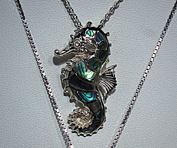 Stunning Sterling Silver Large Seahorse Inlayed with Abalone