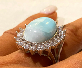 Oval Larimar Ring in Sterling Silver with White Cubic Zircon