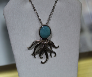 Octopus Necklace Pendant With Larimar Body and tentacles covered in CZ