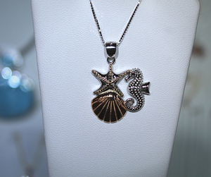 Seahorse, Shell, & Starfish Tri Color Silver Pendant