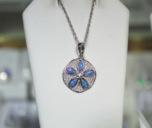 Steling Silver Sand Dollar With Blue Opal And White Zircon
